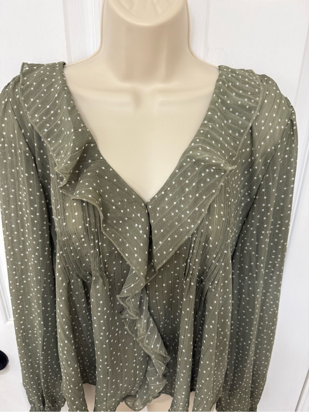 And Now This Green Polka Dot Ruffle Blouse Long Sleeve Sheer XL - Picture 5 of 14